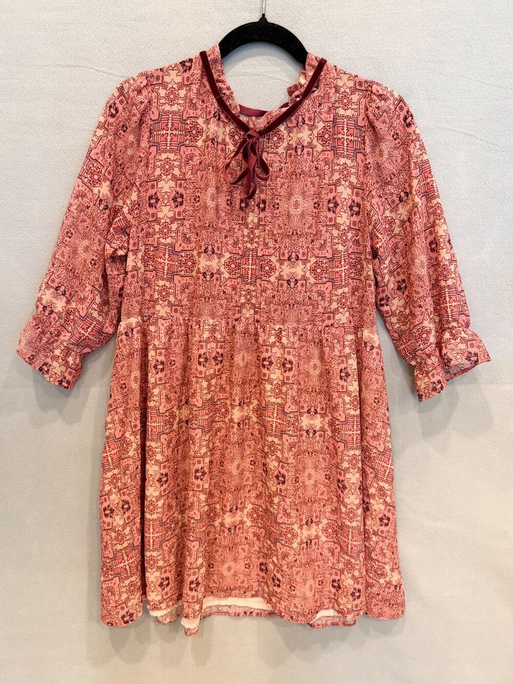 For Love & Lemons Pink Boho Babydoll Dress Velvet Tie Neck Long Sleeve Size L - Picture 2 of 8